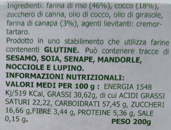 BISCOTTI AL RISO COCCO E CANAPA - 200g - DOLOMITI CANAPA